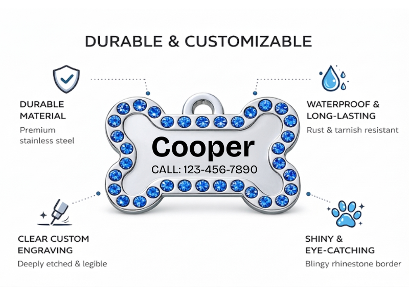 Personalized Rhinestone Bone Pet ID Tag, Custom Engraved Stainless Steel Dog Cat Name Tag