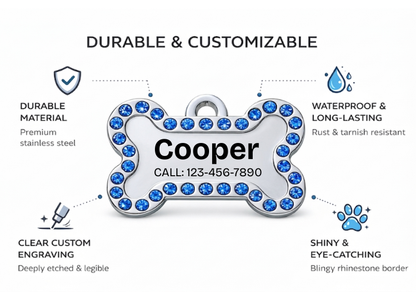 Personalized Rhinestone Bone Pet ID Tag, Custom Engraved Stainless Steel Dog Cat Name Tag