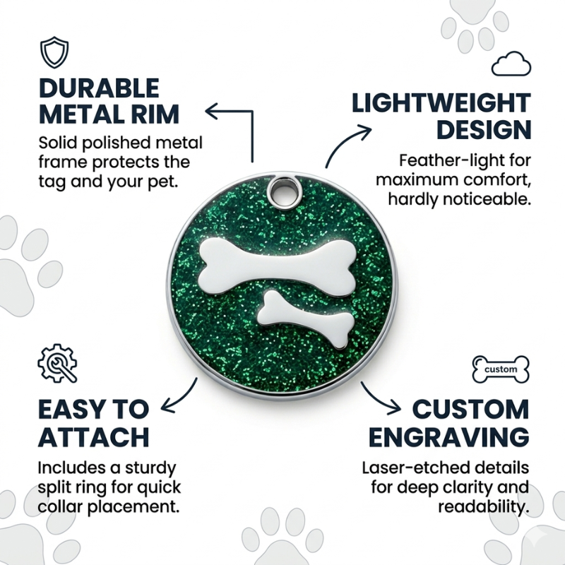 Personalized Glitter Round Pet ID Tag, Custom Engraved Dog and Cat Name Tag with Phone Number, Double Bone Design
