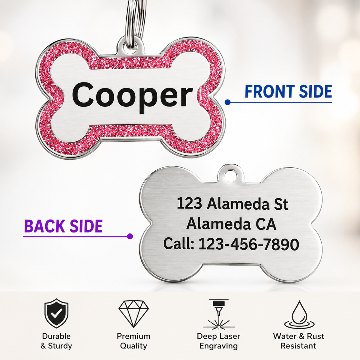 Personalized Glitter Bone Pet ID Tag, Stainless Steel Custom Engraved Dog Cat Name Tag