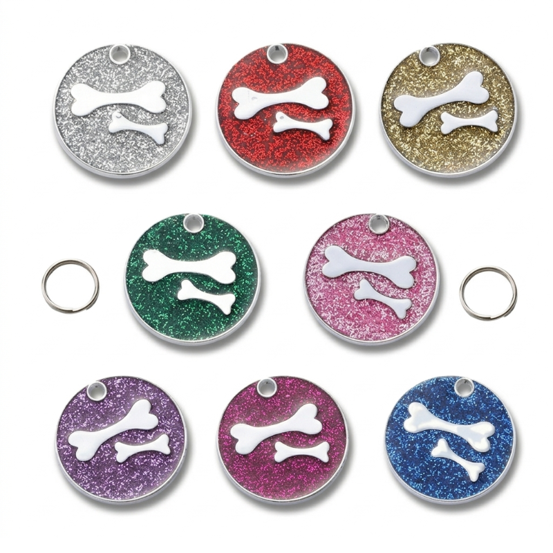 Personalized Glitter Round Pet ID Tag, Custom Engraved Dog and Cat Name Tag with Phone Number, Double Bone Design
