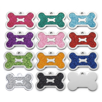 Personalized Glitter Bone Pet ID Tag, Custom Engraved Stainless Steel Dog Cat Name Tag