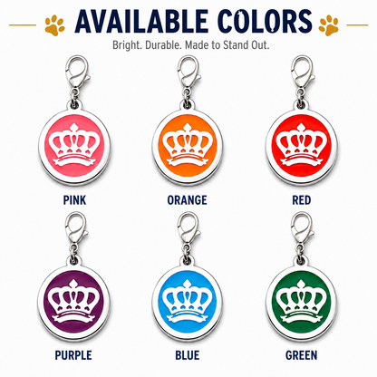 Personalized Enamel King's Crown Round Pet ID Tag, Custom Dog and Cat Name Tag with Phone Number