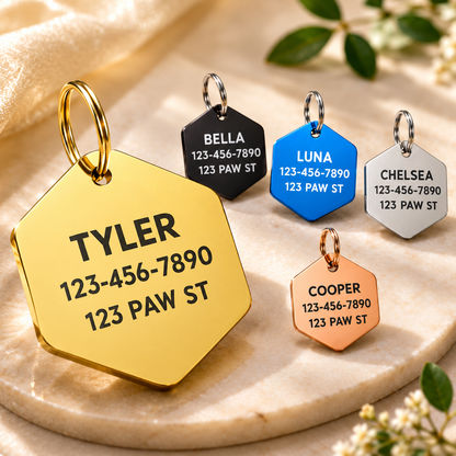 Personalized Aluminum Hexagon Pet ID Tag – Custom Engraved Dog & Cat Name Tag