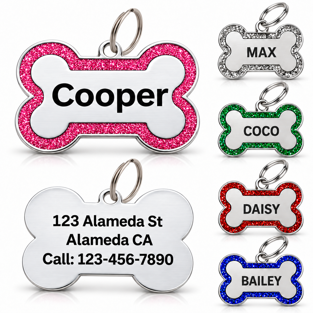 Personalized Glitter Bone Pet ID Tag, Stainless Steel Custom Engraved Dog Cat Name Tag