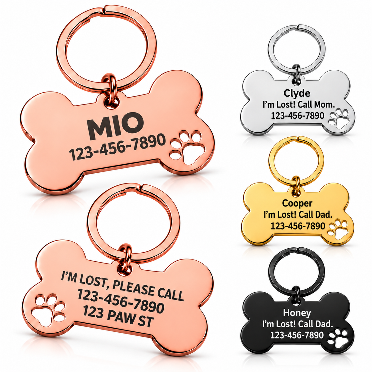 Personalized Stainless Steel Bone Pet ID Tag with Paw Cutout – Custom Engraved Dog & Cat Name Tag