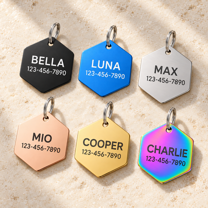 Personalized Aluminum Hexagon Pet ID Tag – Custom Engraved Dog & Cat Name Tag