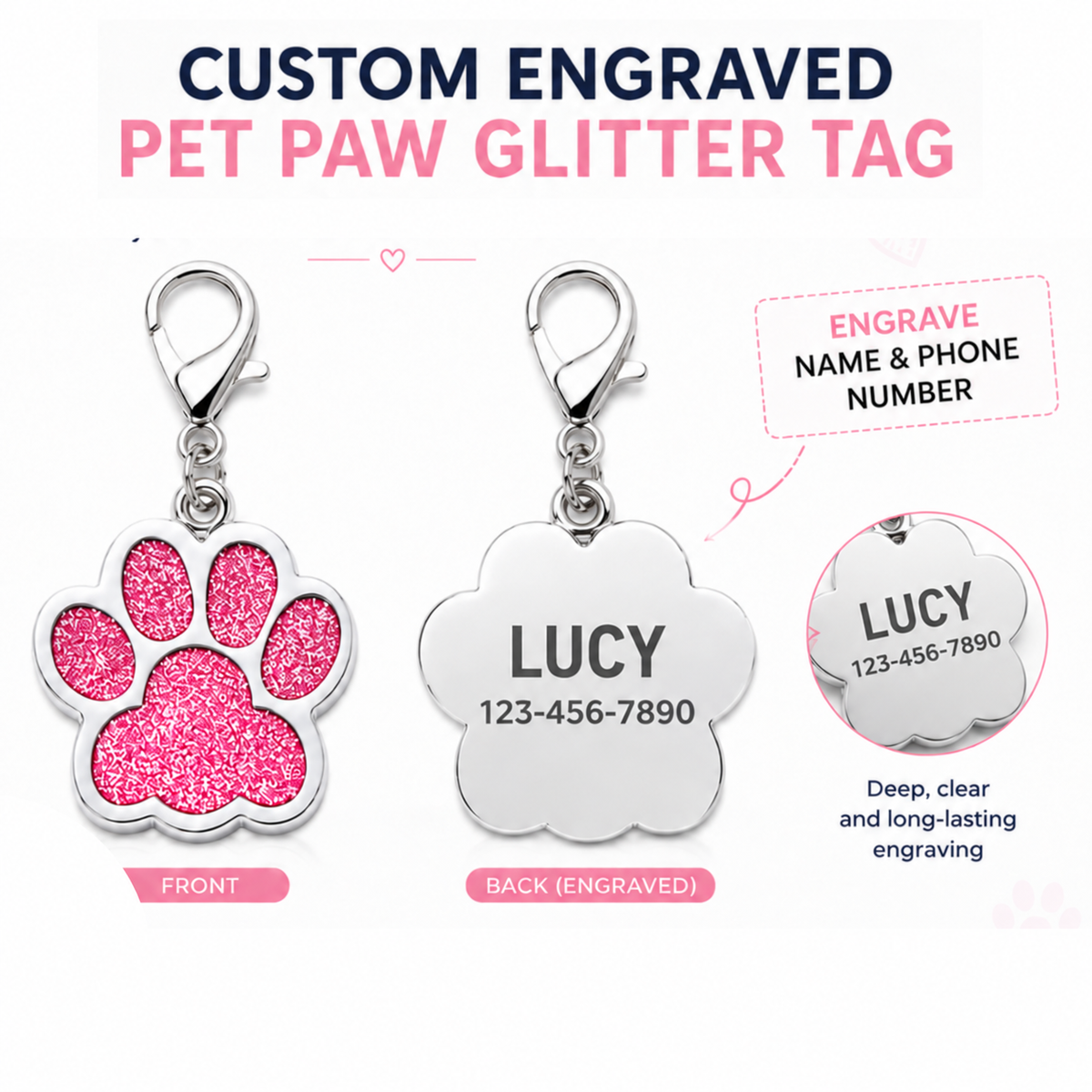 Personalized Glitter Paw Pet ID Tag with Lobster Clasp, Custom Engraved Stainless Steel Dog and Cat Collar Tag