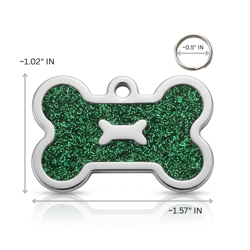 Personalized Glitter Bone Pet ID Tag, Custom Engraved Stainless Steel Dog Cat Name Tag
