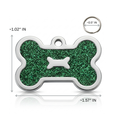 Personalized Glitter Bone Pet ID Tag, Custom Engraved Stainless Steel Dog Cat Name Tag