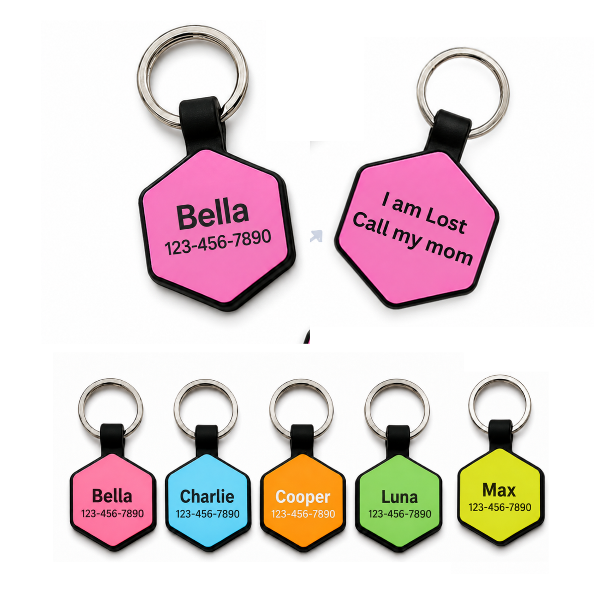 Personalized Silicone Hexagon Pet ID Tag – Custom Dog & Cat Name Tag with Phone Number
