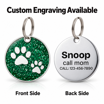 Personalized Glitter Paw Print Pet ID Tag, Custom Engraved Round Stainless Steel Dog and Cat Name Tag with Phone Number