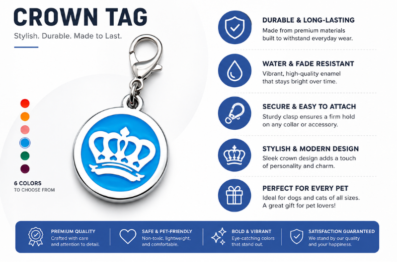 Personalized Enamel King's Crown Round Pet ID Tag, Custom Dog and Cat Name Tag with Phone Number