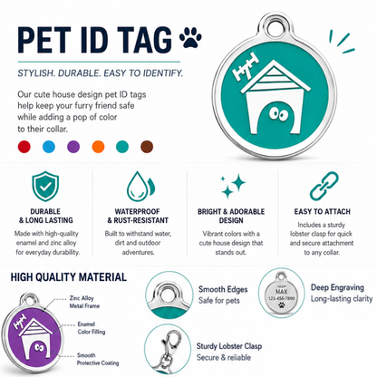 Personalized Enamel House Round Pet ID Tag, Custom Dog and Cat Name Tag with Phone Number, multi size