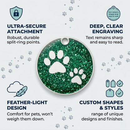 Personalized Glitter Paw Print Pet ID Tag, Custom Engraved Round Stainless Steel Dog and Cat Name Tag with Phone Number