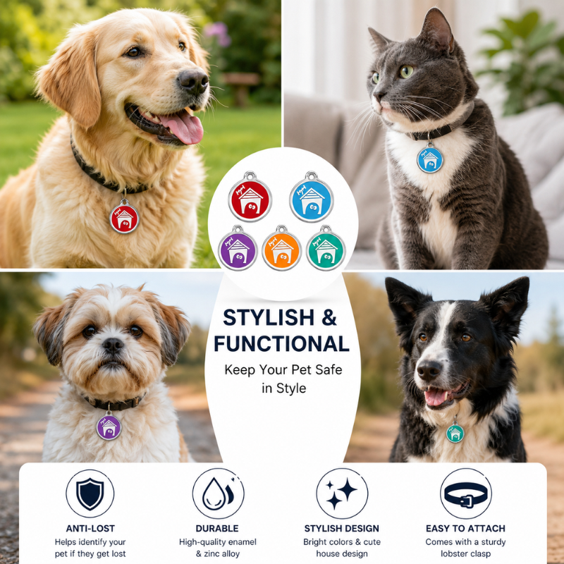 Personalized Enamel House Round Pet ID Tag, Custom Dog and Cat Name Tag with Phone Number, multi size